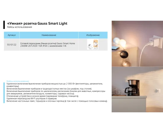 Фото Сетевой переходник (Умная розетка) Gauss Smart Home 2300W 207-253V 10А IP20 c заземлением 1/6 Артикул: 5510122
