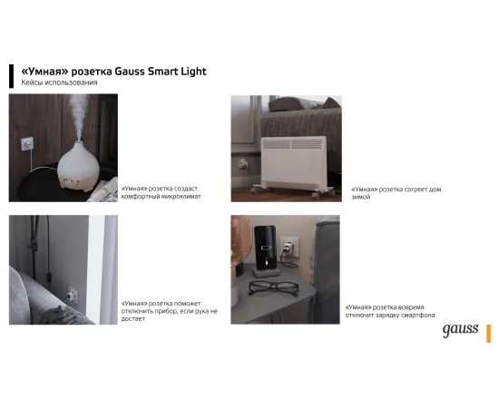 Фото Сетевой переходник (Умная розетка) Gauss Smart Home 2300W 207-253V 10А IP20 c заземлением 1/6 Артикул: 5510122
