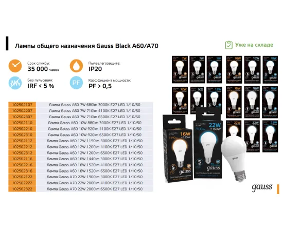 Фото Лампа Gauss A60 10W 880lm 3000K E27 LED 1/10/50 Артикул: 102502110