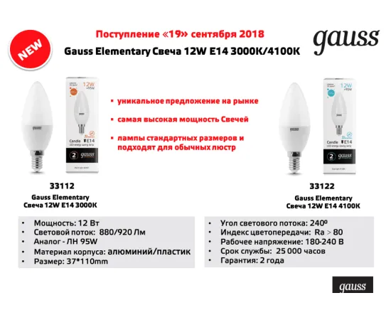 Фото Лампа Gauss Elementary Свеча 12W 880lm 3000K Е14 LED 1/10/100 Артикул: 33112