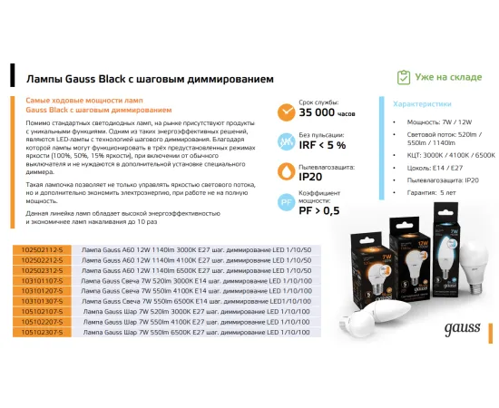 Фото Лампа Gauss A60 12W 1140lm 6500K Е27 шаг. диммирование LED 1/10/50 Артикул: 102502312-S