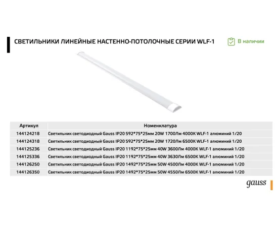 Фото Светильник светодиодный матовый Gauss IP20 1192*75*25мм 40W 3630Лм 6500K WLF-1 алюминий 1/20 Артикул: 144125336