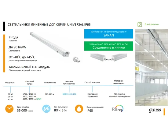 Фото Светильник линейный Gauss 185-265V UNIVERSAL 36W 3630lm 6500K 185-265V IP65 1170*60*55мм соед в лин LED 1/20 Артикул: 843425336 Фото Светильник линейный Gauss 185-265V UNIVERSAL 36W 3630lm 6500K 185-265V IP65 1170*60*55мм соед в лин LED 1/20 Артикул: 843425336
