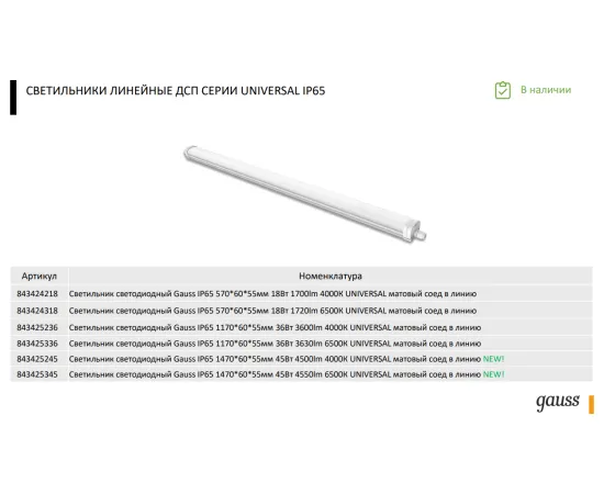 Фото Светильник линейный Gauss 185-265V UNIVERSAL 36W 3630lm 6500K 185-265V IP65 1170*60*55мм соед в лин LED 1/20 Артикул: 843425336 Фото Светильник линейный Gauss 185-265V UNIVERSAL 36W 3630lm 6500K 185-265V IP65 1170*60*55мм соед в лин LED 1/20 Артикул: 843425336