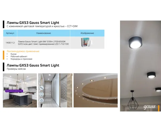 Фото Лампа Gauss Smart Light 6W 530lm 2700-6500К GX53 изм.цвет.темп.+диммирование LED 1/10/100 Артикул: 1400112