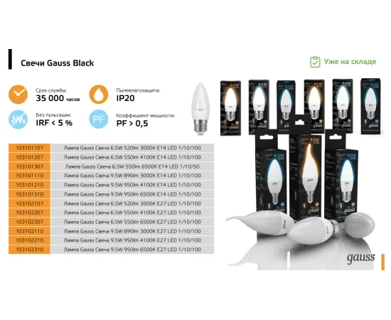 Фото Лампа Gauss Свеча 9.5W 890lm 3000К E14 LED 1/10/100 Артикул: 103101110