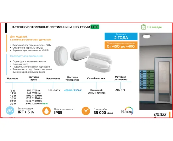 Фото Св-к светодиодный Gauss LITE IP65 D155*52 15W 1100lm 4000K 200-240V ЖКХ круглый c оптико-акустич. сенс. 1/40 Артикул: 126418215-S