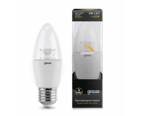 Gauss LED Candle-dim Crystal Clear E27 6W 2700К диммируемая 1/10/50 арт. 103202106-D
