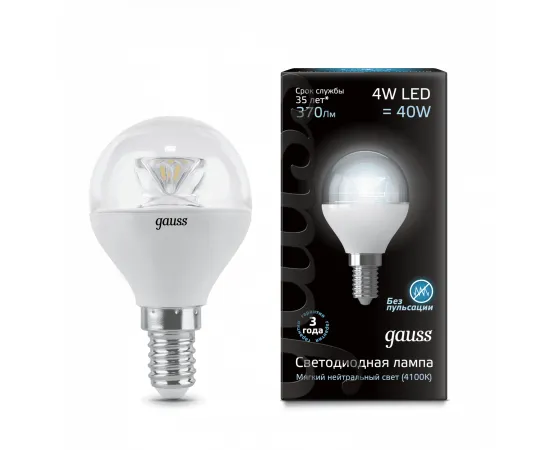 Gauss LED Globe Crystal Clear E14 4W 4100K 1/10/50 арт. 105201204