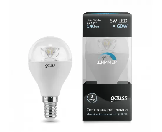 Gauss LED Globe-dim Crystal Clear E14 6W 4100K диммируемая 1/10/50 арт. 105201206-D
