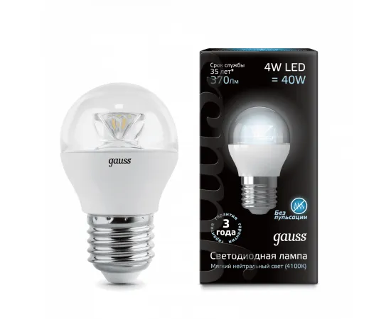Gauss LED Globe Crystal Clear E27 4W 4100K 1/10/50 арт. 105202204