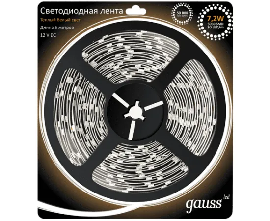 Светодиодная лента Gauss LED 5050/30-SMD 7.2W  12V DC  теплый белый (блистер 5м) арт. 312000107