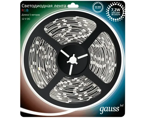 Светодиодная лента Gauss LED 5050-SMD 7.2W 12V DC RGB (блистер 5м) арт. 312000407