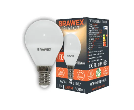 Brawex Premium G45 7W 220-240V 3000K E14 арт. 2007B-G45-7L