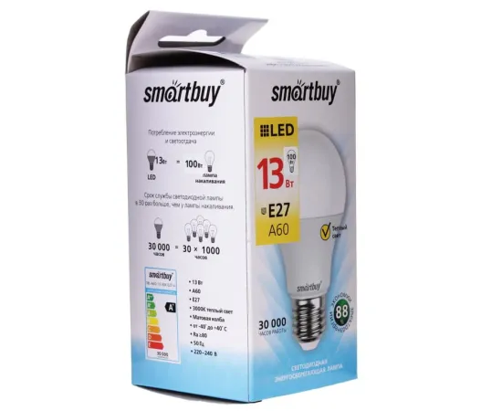 Smartbuy A60-13W/3000/E27 арт. SBL-A60-13-30K-E27-A Упаковка Smartbuy A60-13W/3000/E27 арт. SBL-A60-13-30K-E27-A Упаковка