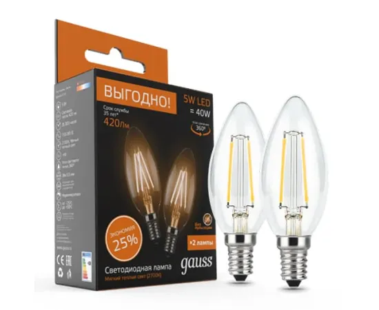 Лампы Gauss Filament Свеча E14 5W 2700К 2/100 (2 лампы в упаковке) арт. 103801105P