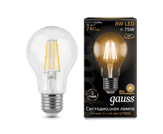 Gauss LED Filament A60 E27 8W 2700К 1/10/40 арт. 102802108