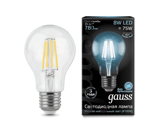 Gauss LED Filament A60 E27 8W 4100К 1/10/40 арт. 102802208